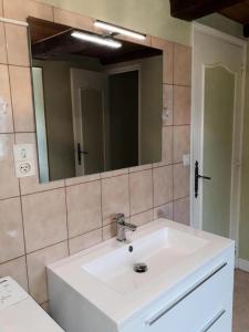 ein Badezimmer mit einem weißen Waschbecken und einem Spiegel in der Unterkunft Gîte de France La bachellerie 2 épis - Gîte de France 5 personnes 264 