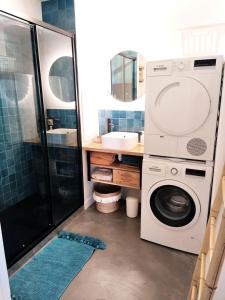 een badkamer met een wasmachine en een wastafel bij - Pièces 934 in Aix-les-Bains