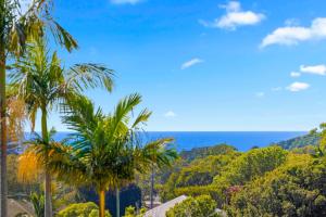 uma estrada com palmeiras e o oceano no fundo em 'Beautiful View' close to Flynns Beach em Port Macquarie
