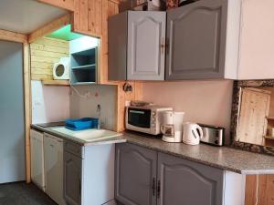 a kitchen with gray cabinets and a microwave at Résidence Armoise - Studio 3 personnes à Arc 1800 en centre station, proche des pistes et des commerces, dans le village des Villards MAE-1847 in Arc 1800