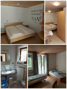 a collage of pictures of a bedroom with a bed and a bathroom at Garni Waldeck in San Giacomo
