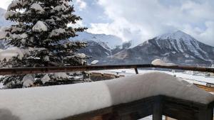 a snow covered tree in front of a snow covered mountain at Résidence Rond-point-pistes I - Studio pour 6 Personnes 281 in Orcières