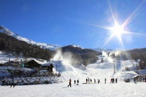Un grupo de personas en una pista de esquí cubierta de nieve en Résidence Orr Des Cimes - STUDIO SUR LES PISTES MAE-0554, en Les Orres