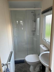 a bathroom with a shower and a toilet and a sink at JUANI in Lytchett Minster