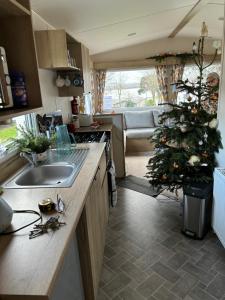 JUANI في Lytchett Minster: مطبخ مع شجرة عيد الميلاد في الوسط