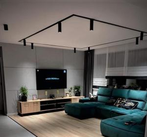 ein Wohnzimmer mit einem blauen Sofa und einem Flachbild-TV in der Unterkunft Apartament Roku 2024' - JELEŃ & NATURA in Kudowa-Zdrój