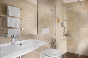ein Bad mit einem WC, einem Waschbecken und einer Dusche in der Unterkunft Anyday Apartments in Prag