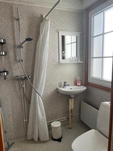 uma casa de banho com um chuveiro e um lavatório. em Vasacenter B&B em Transtrand