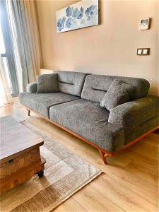 a living room with a gray couch in a room at Şehir manzaralı çift klimalı balkonlu 1+1 daire in Istanbul