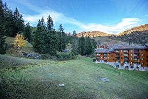 a large building on a grassy hill with trees at CHEVAL NOIR G - Appartement CHEVAL NOIR 45 pour 7 Personnes 90 in Valmorel