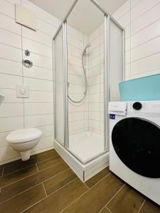 a bathroom with a shower and a toilet at Die Arche - eigene Haushälfte im Stadtzentrum in Arnstadt