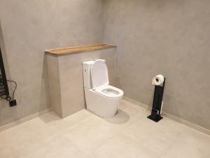 uma casa de banho com um WC e um rolo de papel higiénico em landlust.2 em Purmerend