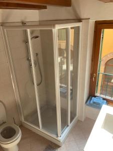 La salle de bains est pourvue d'une douche en verre et de toilettes. dans l'établissement Il Volto, à Valeggio sul Mincio