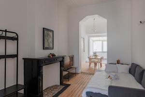 uma sala de estar com um sofá e uma lareira em Brussels Benit Ixelles Residence em Bruxelas