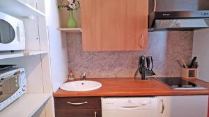 uma pequena cozinha com um lavatório e um micro-ondas em Résidence Cortina 1 - Appartements pour 4 Personnes 914 em Les Prés