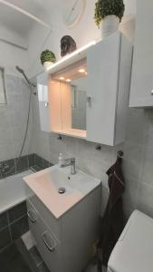 a bathroom with a sink and a toilet and a mirror at NewMidi Studio terrace, wifi in Siófok +48 photos