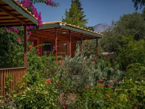 a wooden cabin in a garden with flowers at Felicity Hotel & Bungalows in Kemer
