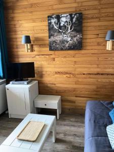 a living room with a couch and a table and a tv at Résidence Gollet - Studio pour 4 Personnes 884 in Valmorel