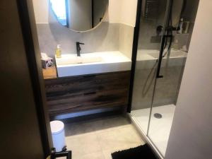 a bathroom with a sink and a shower with a mirror at Résidence Portail - Le portail 13 - Magnifique appartement situé au pied des pistes MAE-6284 in Valmorel