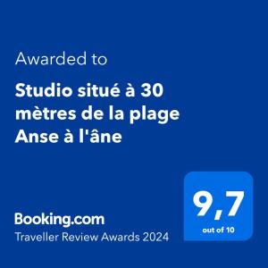 Majutusasutuses Studio situé à 30 mètres de la plage Anse à l'âne olev sertifikaat, autasu, silt või muu dokument