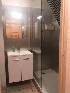 een badkamer met een glazen douche en een wastafel bij Résidence Grande Chaume - 2 Pièces pour 4 Personnes 344 in Vénosc