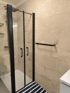 La salle de bains est pourvue d'une douche avec une porte en verre. dans l'établissement Les Résidences du Mourillon, à Toulon