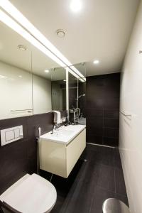 La salle de bains est pourvue d'un lavabo, de toilettes et d'un miroir. dans l'établissement Aalto Inn, à Espoo