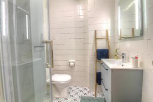 y baño con aseo, lavabo y ducha. en Charming Air-Conditioned T1 Bis Val d'Esterel in the Heart of Juan les Pins, en Antibes