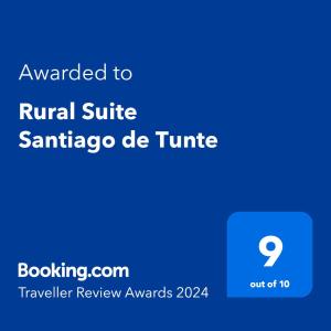 Ett certifikat, pris eller annat dokument som visas upp på Rural Suite Santiago de Tunte