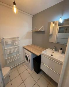 baño pequeño con lavadora y lavamanos en Le Minéral ~ Centre ~ Cosy ~ 2p, en Le Mans