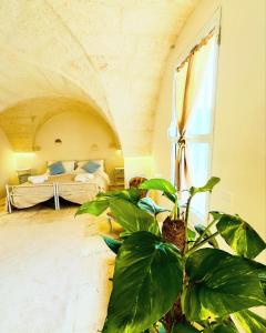 Un dormitorio con una cama y una planta en una habitación en Al Palazzotto, en Fasano
