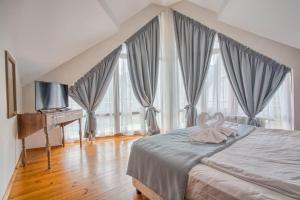 a bedroom with a bed with a television and large windows at Villa Deja Vu in Razlog