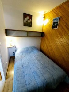 ein Schlafzimmer mit einem blauen Bett in einem Zimmer in der Unterkunft Résidence Relais - 2 Pièces pour 4 Personnes 114 in Réallon
