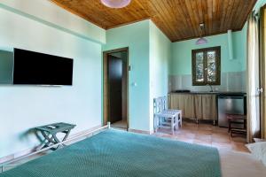 Una sala de estar con un televisor de pantalla plana en la pared. en Old Boat double studio 10, en Nikiana