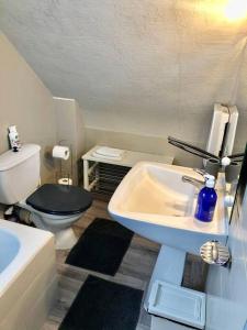 uma casa de banho com um lavatório branco e um WC. em Sur la plage le bonheur em Plestin-les-Grèves