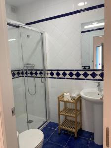 a bathroom with a shower and a toilet and a sink at Cala San Pedro in El Pozo de los Frailes