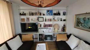 ein Wohnzimmer mit Sofa und Fernseher in der Unterkunft Gite Urbain - Bubble in Magenta