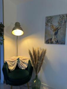 a living room with a green chair and a lamp at Orphea - Charming Studio Villeparisis - Proche gare / CDG / Parc des expositions in Villeparisis
