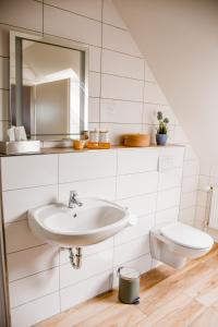 ein Bad mit einem Waschbecken und einem WC in der Unterkunft KOCHWERK Restaurant & Pension in Zingst