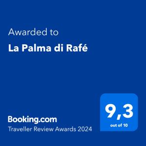a blue text box with the words awarded to la palma dh rate at La Palma di Rafé in Genova