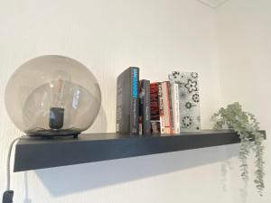 a shelf with books and a glass orb on it at HNFC Stays - Ideal for Business Travellers -2b in Gateshead
