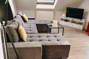 a living room with a couch and a television at Brockenblick 2 in Schulenberg im Oberharz