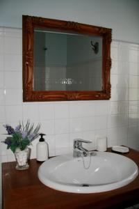 a bathroom sink with a mirror and a vase with flowers at Apartamentos Rurales La Bardenilla in Panes