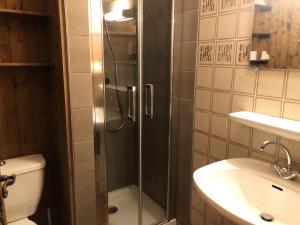 uma casa de banho com um chuveiro, um WC e um lavatório. em Résidence La Gelinotte - Studio pour 4 Personnes 92 em Saint-Gervais-les-Bains