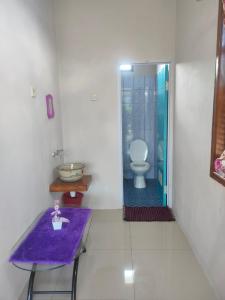 a bathroom with a toilet and a purple rug at Homestay Erna Tanjong Tinggi in Pasarbaru