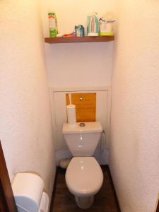 ein kleines Bad mit einem WC und einem Regal in der Unterkunft Résidence Le Brulaz - Studio pour 5 Personnes 47 in Les Contamines-Montjoie