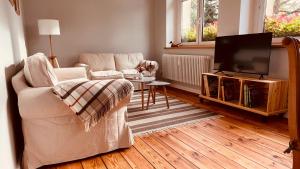 a living room with a couch and a flat screen tv at Quartier Alte Schule Breese in Breese