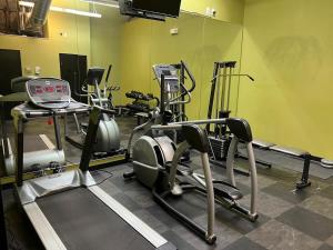 a gym with several exercise equipment in a room at Stunning 1BR Adler Loft by CozySuites in Saint Louis