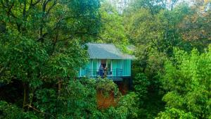 une personne debout dans une maison bleue dans une forêt dans l'établissement Wayanad Wild - Rainforest Lodge by CGH Earth, à Vythiri