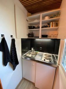 a small kitchen with a sink and a stove at BEL APPART rénové en face des universités in Brunstatt